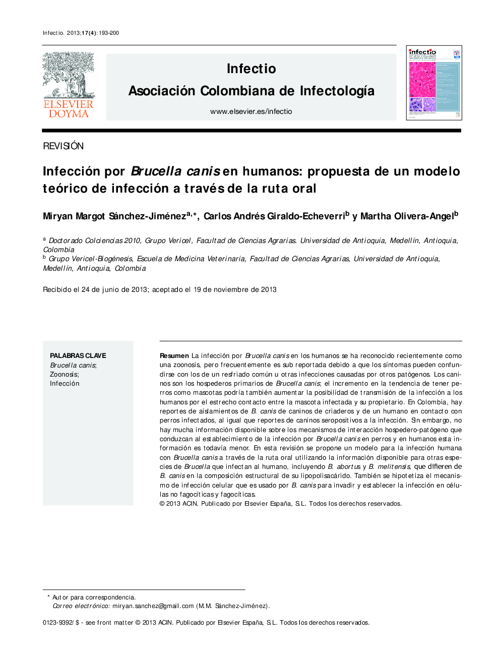 Infección por Brucella canis en humanos: propuesta de un modelo teórico de infección a través de la ruta oral