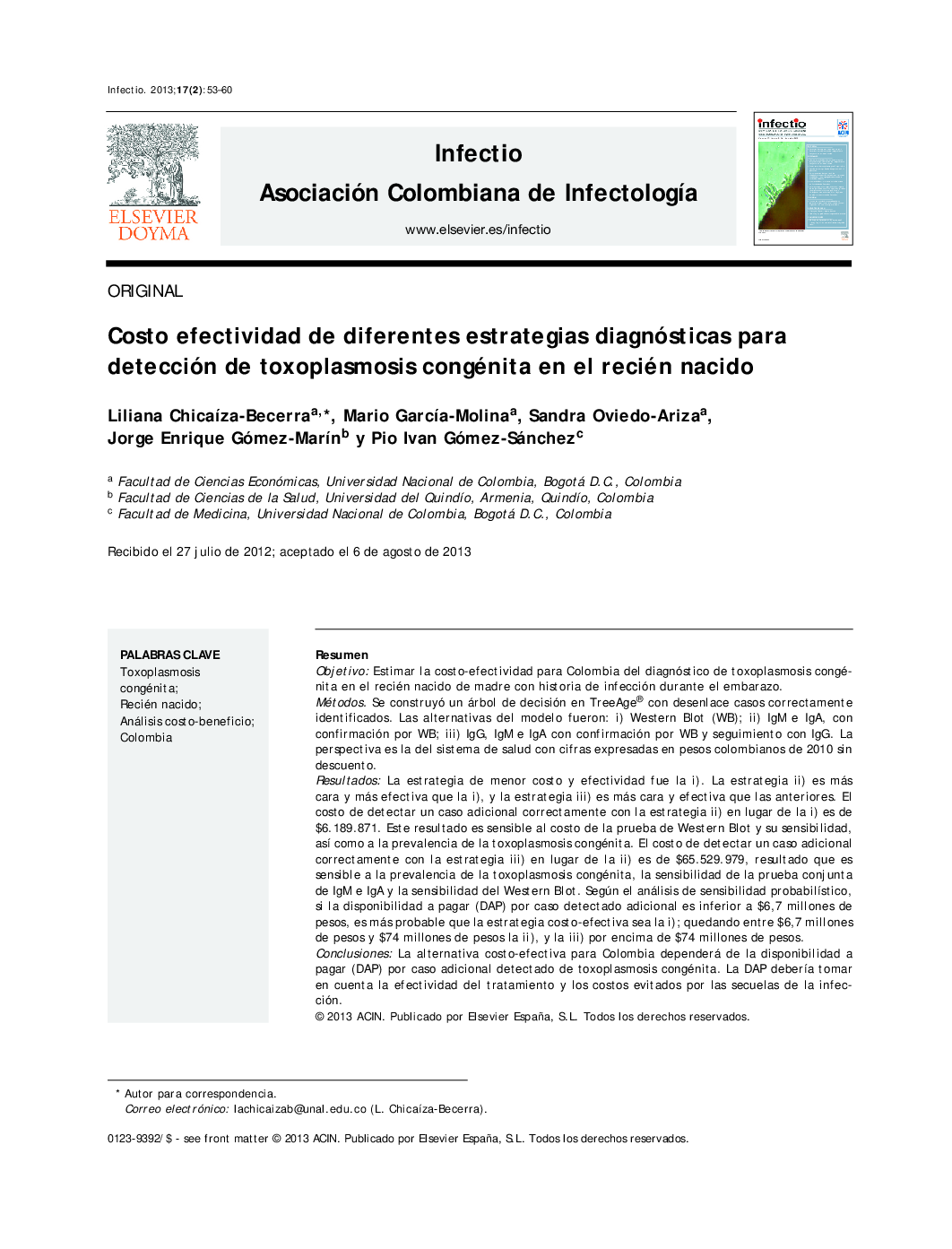 Costo efectividad de diferentes estrategias diagnósticas para detección de toxoplasmosis congénita en el recién nacido