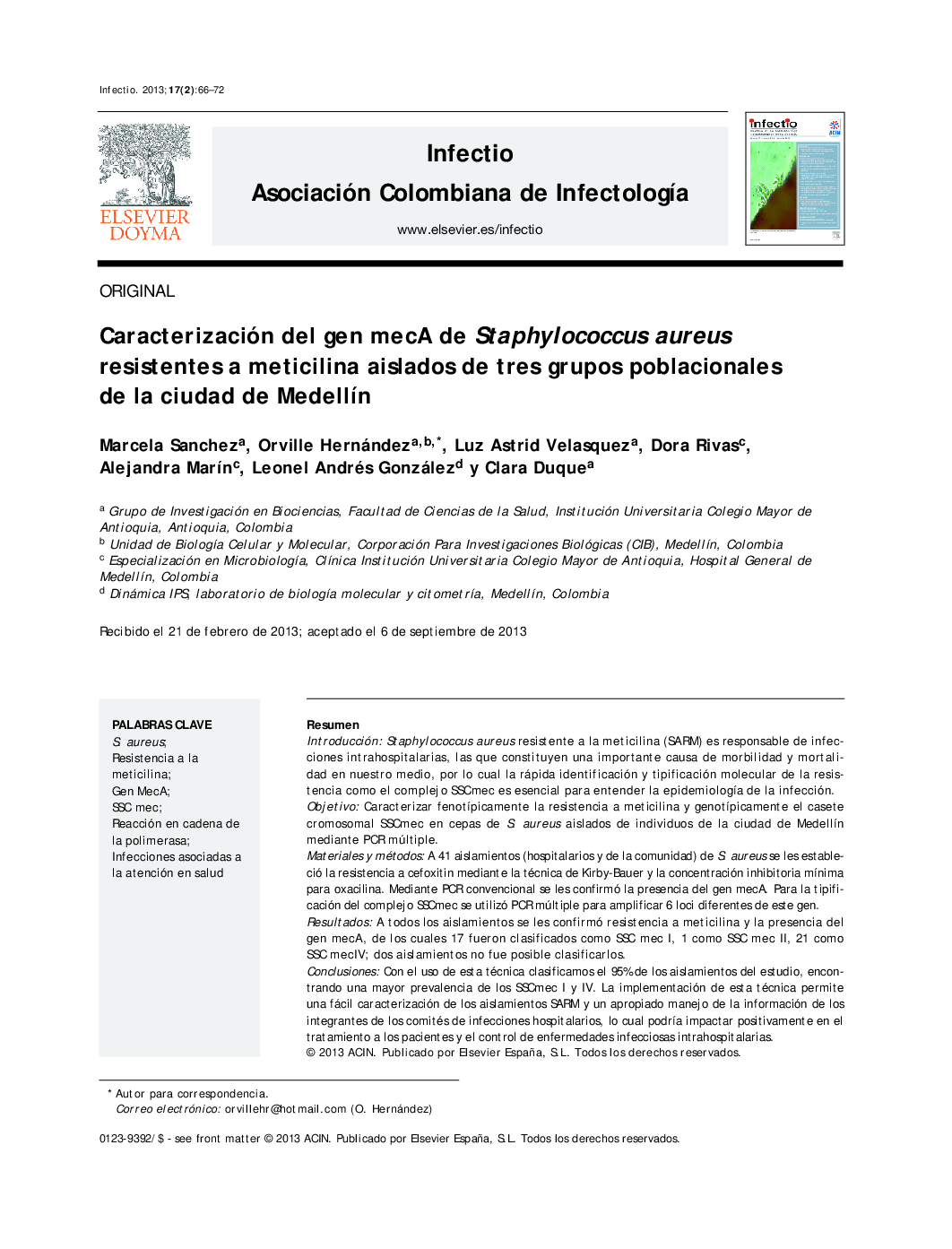 Caracterización del gen mecA de Staphylococcus aureus resistentes a meticilina aislados de tres grupos poblacionales de la ciudad de Medellín