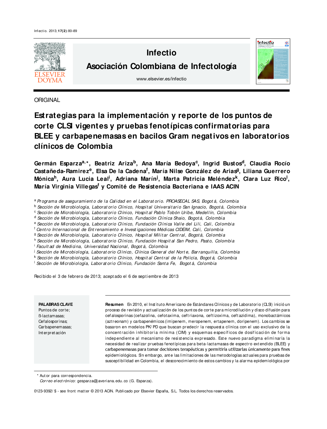 Estrategias para la implementación y reporte de los puntos de corte CLSI vigentes y pruebas fenotípicas confirmatorias para BLEE y carbapenemasas en bacilos Gram negativos en laboratorios clínicos de Colombia