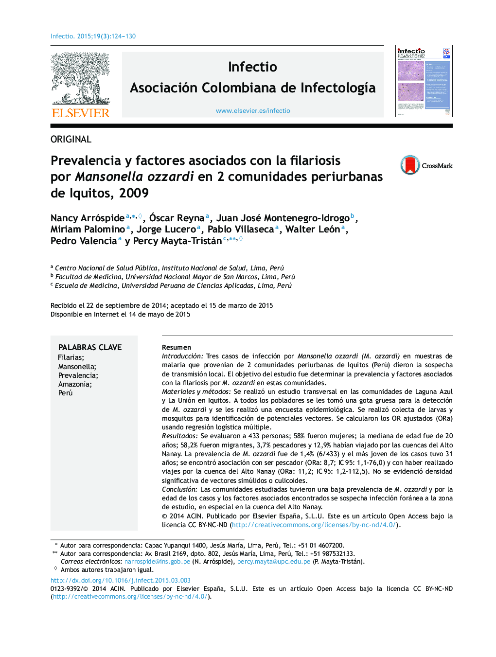 Prevalencia y factores asociados con la filariosis por Mansonella ozzardi en 2 comunidades periurbanas de Iquitos, 2009