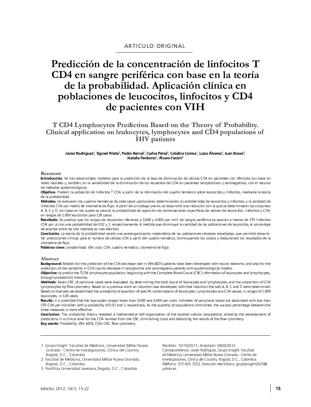 Predicción de la concentración de linfocitos T CD4 en sangre periférica con base en la teoría de la probabilidad. Aplicación clínica en poblaciones de leucocitos, linfocitos y CD4 de pacientes con VIH