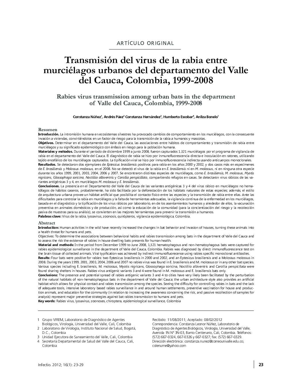 Transmisión del virus de la rabia entre murciélagos urbanos del departamento del Valle del Cauca, Colombia, 1999-2008