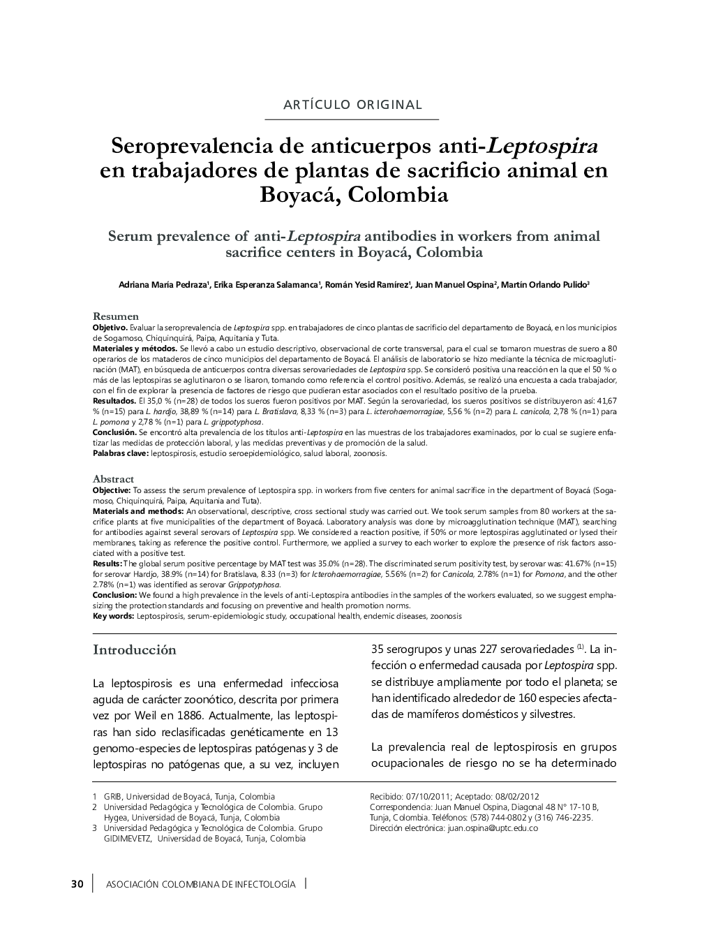 Seroprevalencia de anticuerpos anti-Leptospira en trabajadores de plantas de sacrificio animal en Boyacá, Colombia