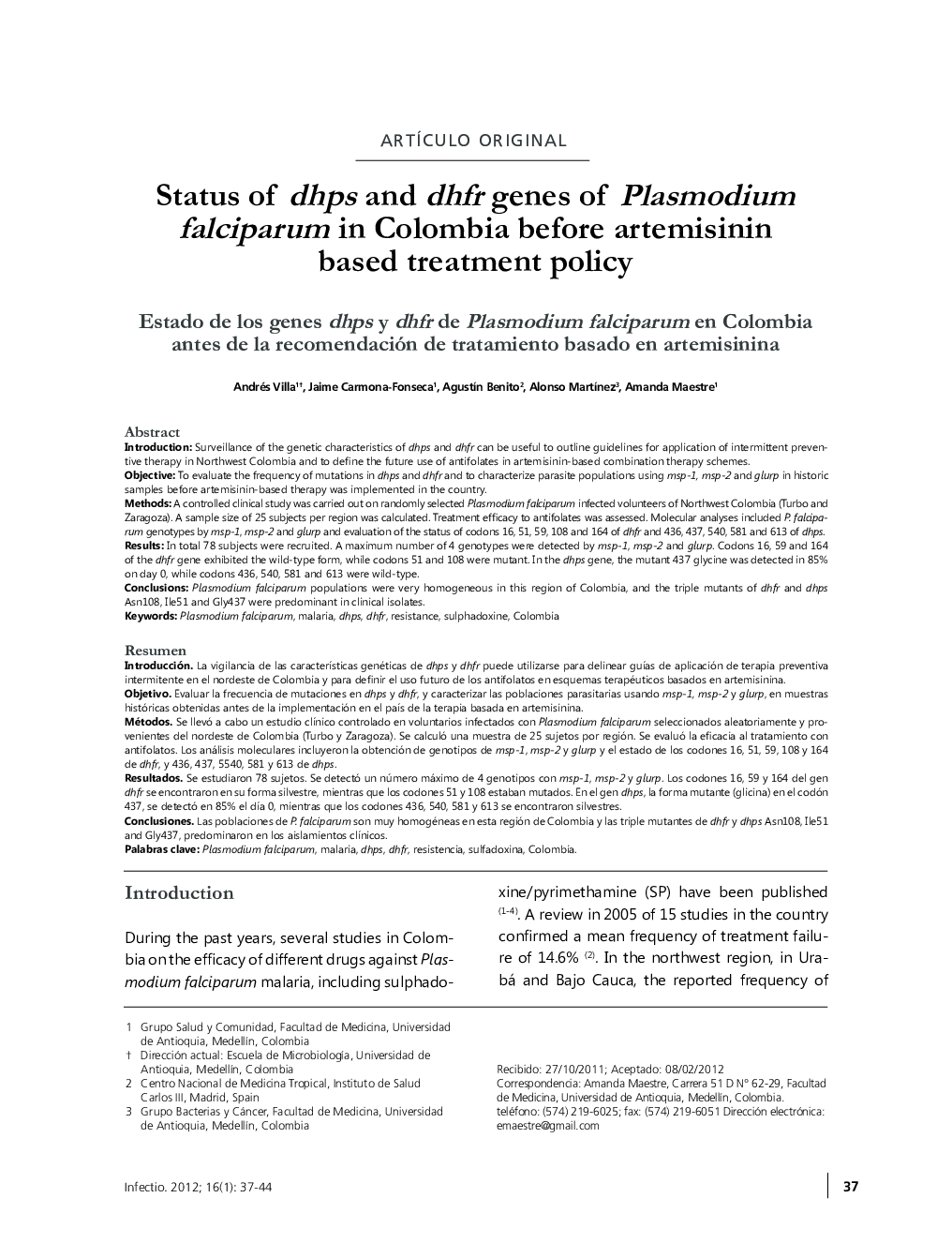 Status of dhps and dhfr genes of Plasmodium falciparum in Colombia before artemisinin based treatment policy