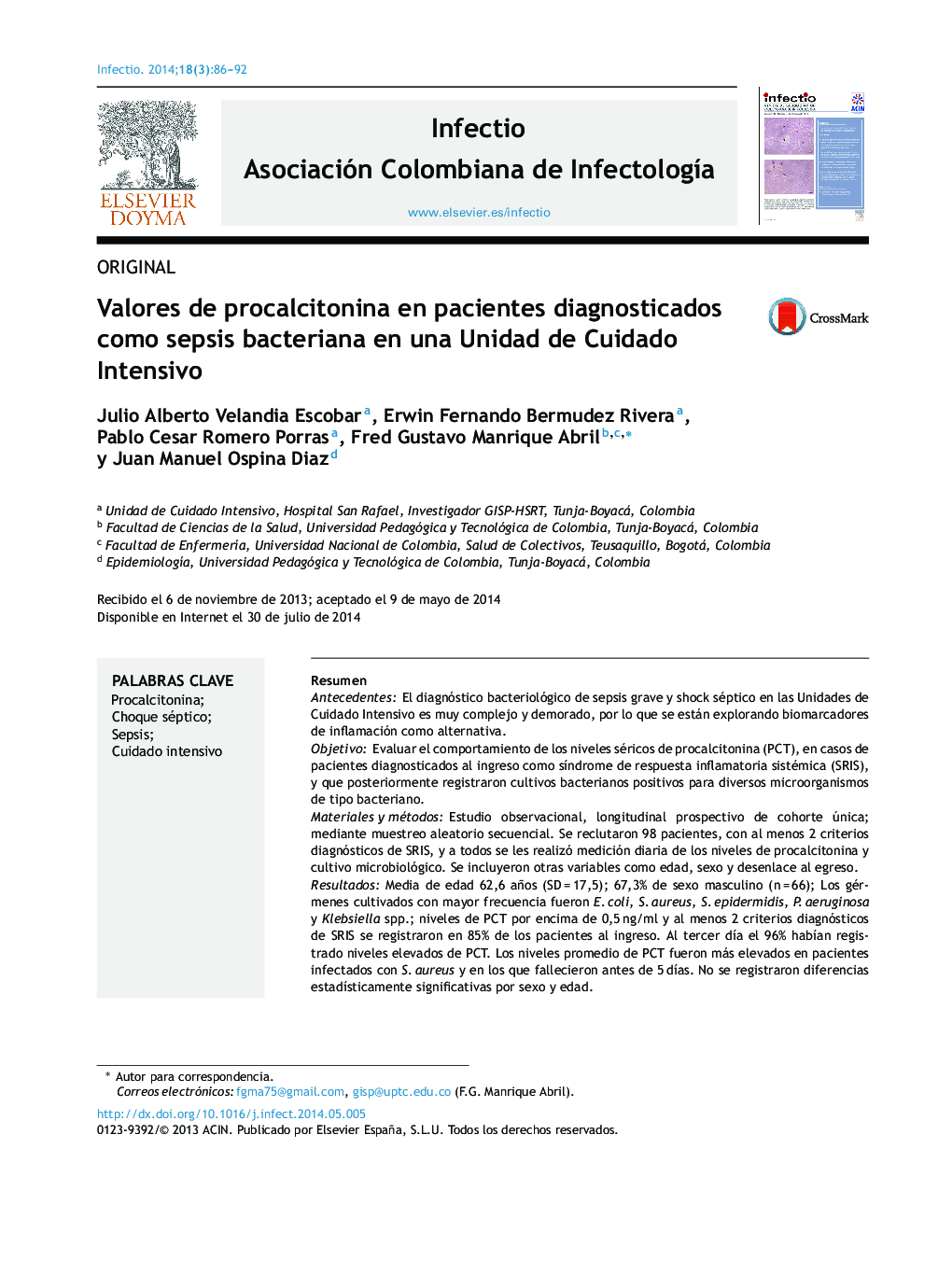 Valores de procalcitonina en pacientes diagnosticados como sepsis bacteriana en una Unidad de Cuidado Intensivo