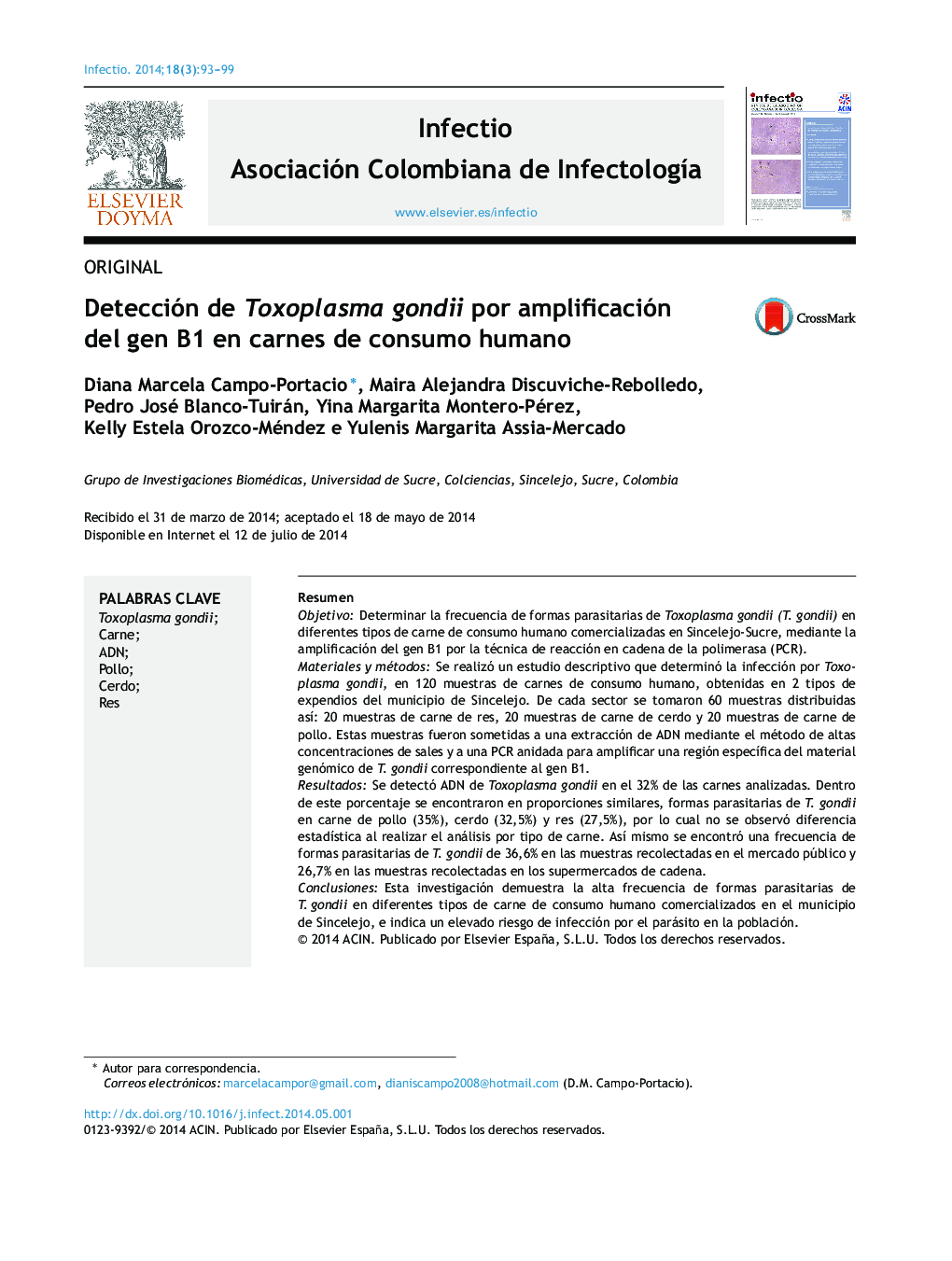 Detección de Toxoplasma gondii por amplificación del gen B1 en carnes de consumo humano