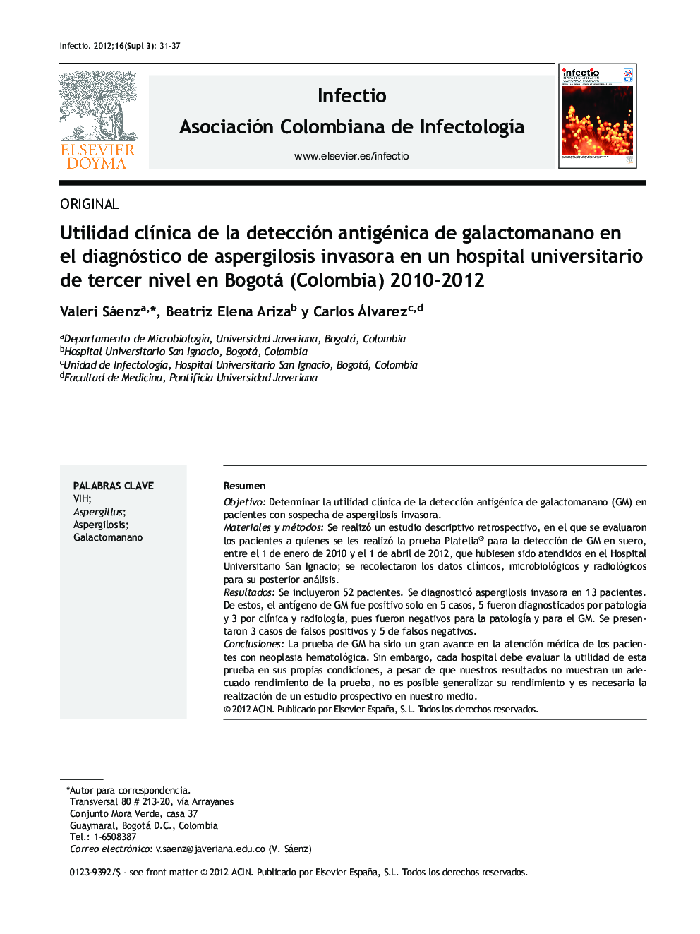 Utilidad clínica de la detección antigénica de galactomanano en el diagnóstico de aspergilosis invasora en un hospital universitario de tercer nivel en Bogotá (Colombia) 2010–2012