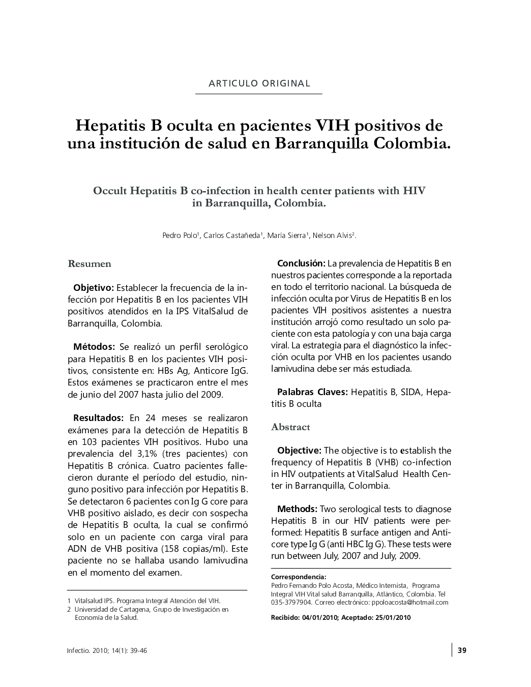 Hepatitis B oculta en pacientes VIH positivos de una institución de salud en Barranquilla Colombia