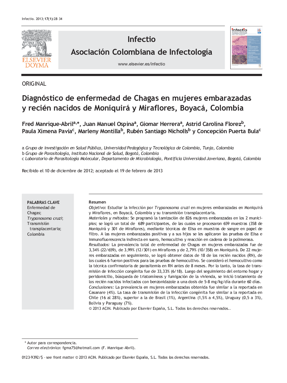 Diagnóstico de enfermedad de Chagas en mujeres embarazadas y recién nacidos de Moniquirá y Miraflores, Boyacá, Colombia