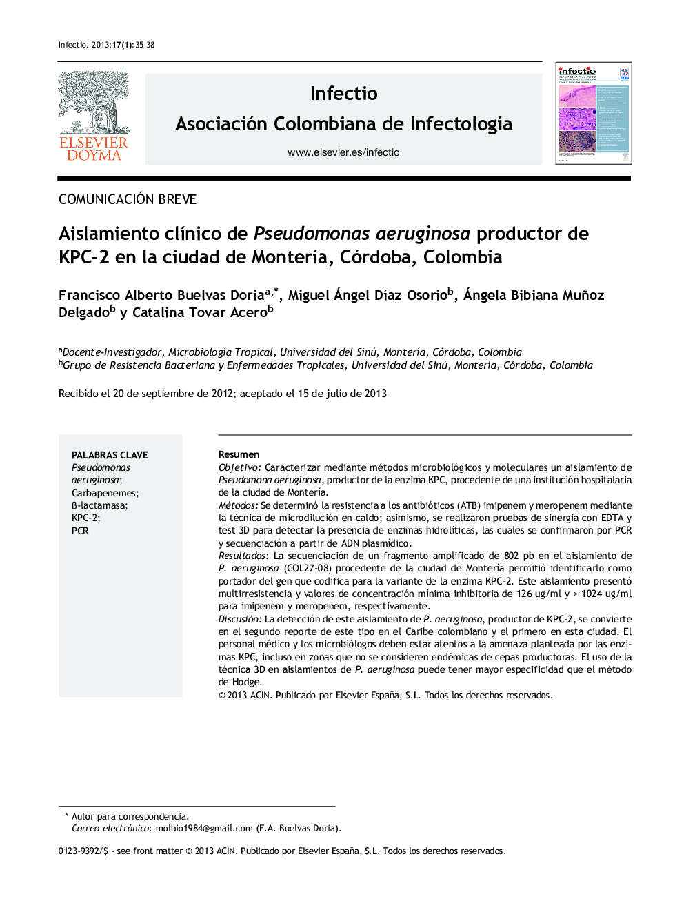 Aislamiento clínico de Pseudomonas aeruginosa productor de KPC-2 en la ciudad de Montería, Córdoba, Colombia