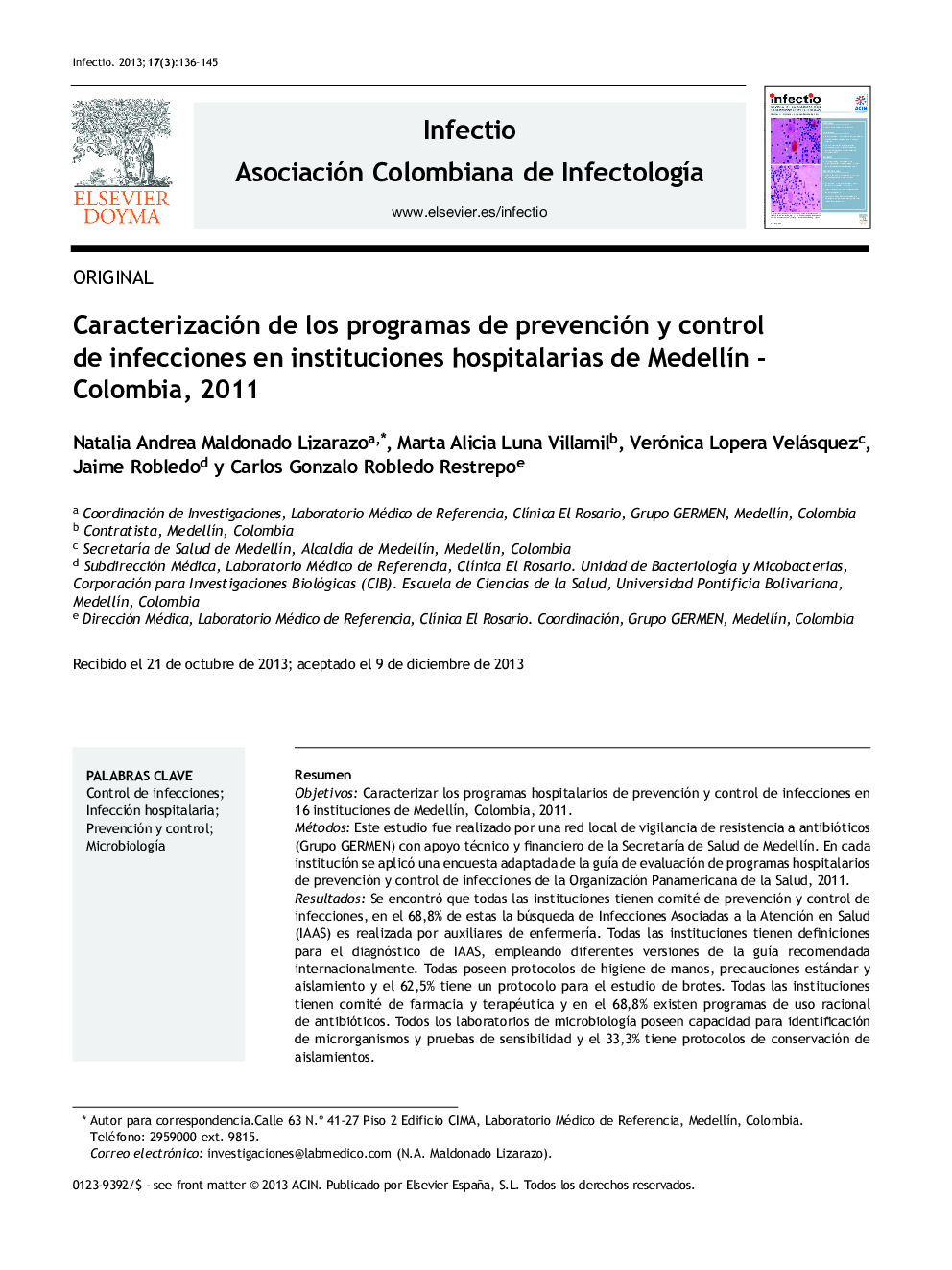 Caracterización de los programas de prevención y control de infecciones en instituciones hospitalarias de Medellín - Colombia, 2011