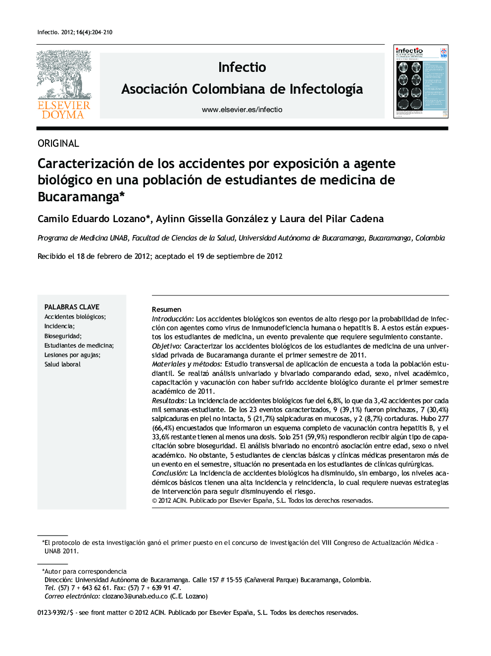 Caracterización de los accidentes por exposición a agente biológico en una población de estudiantes de medicina de Bucaramanga*