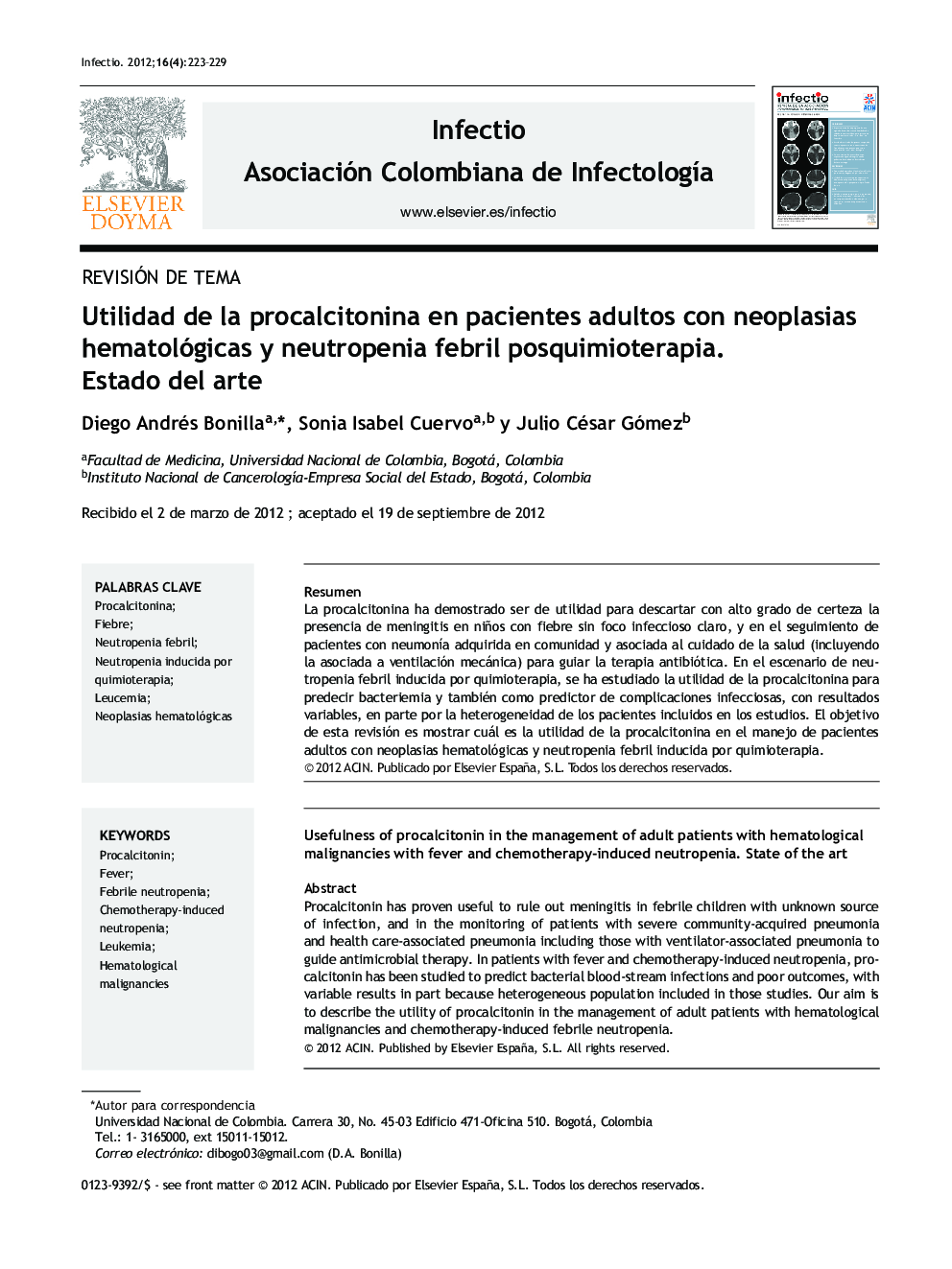 Utilidad de la procalcitonina en pacientes adultos con neoplasias hematológicas y neutropenia febril posquimioterapia. Estado del arte