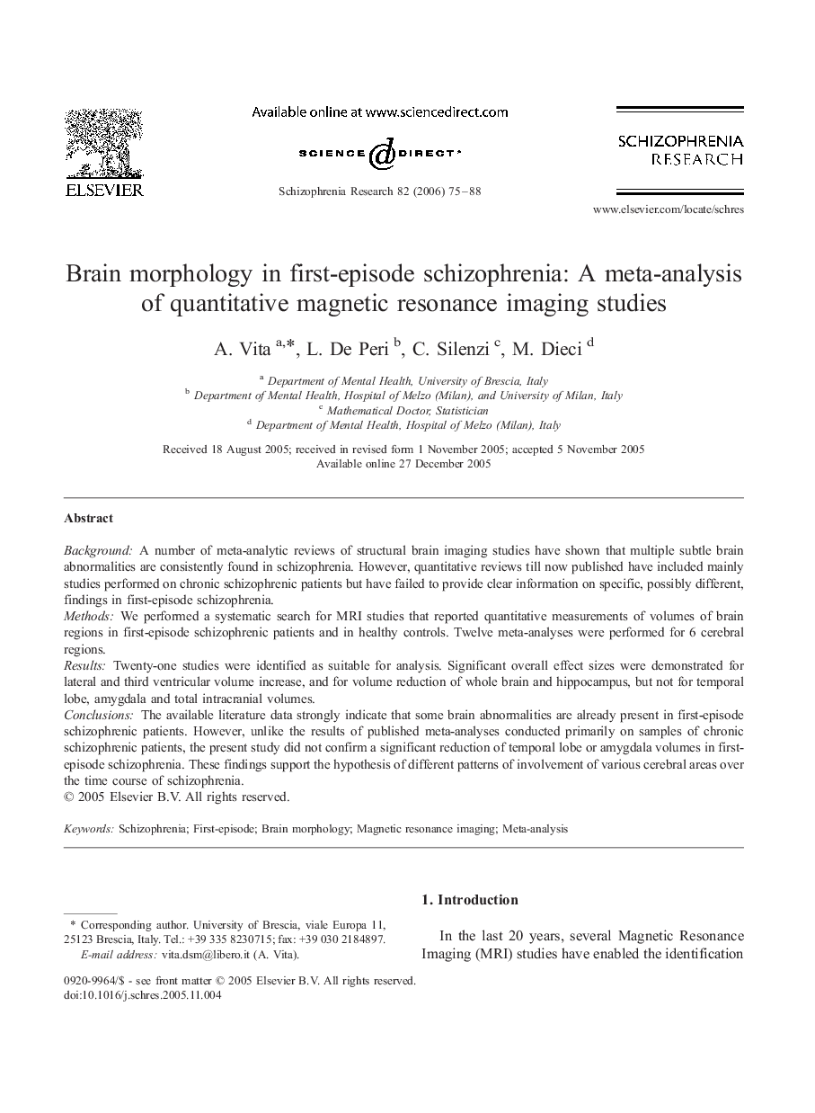 Brain morphology in first-episode schizophrenia: A meta-analysis of quantitative magnetic resonance imaging studies