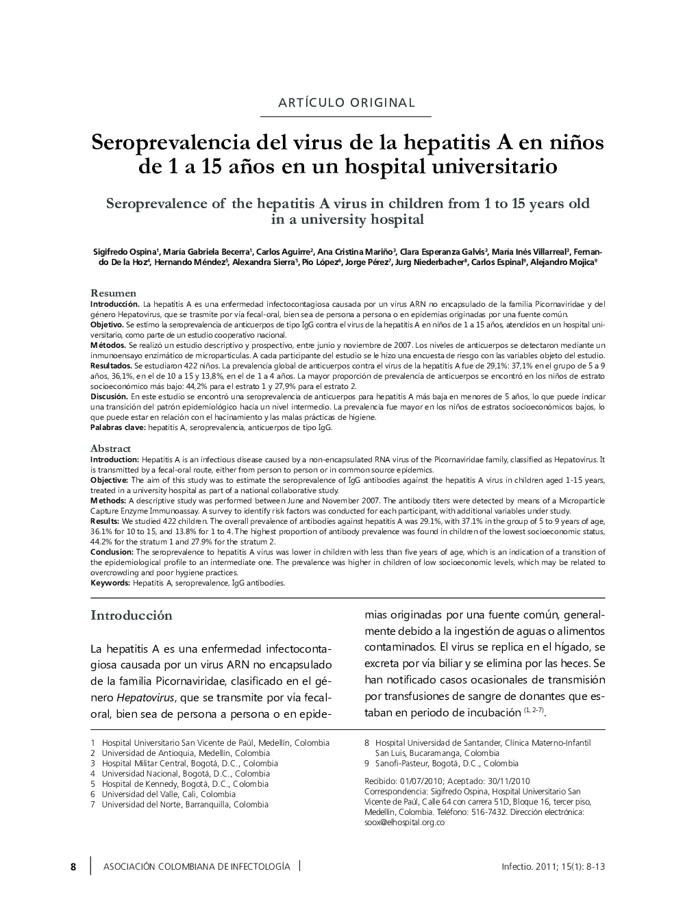 Seroprevalencia del virus de la hepatitis A en niños de 1 a 15 años en un hospital universitario