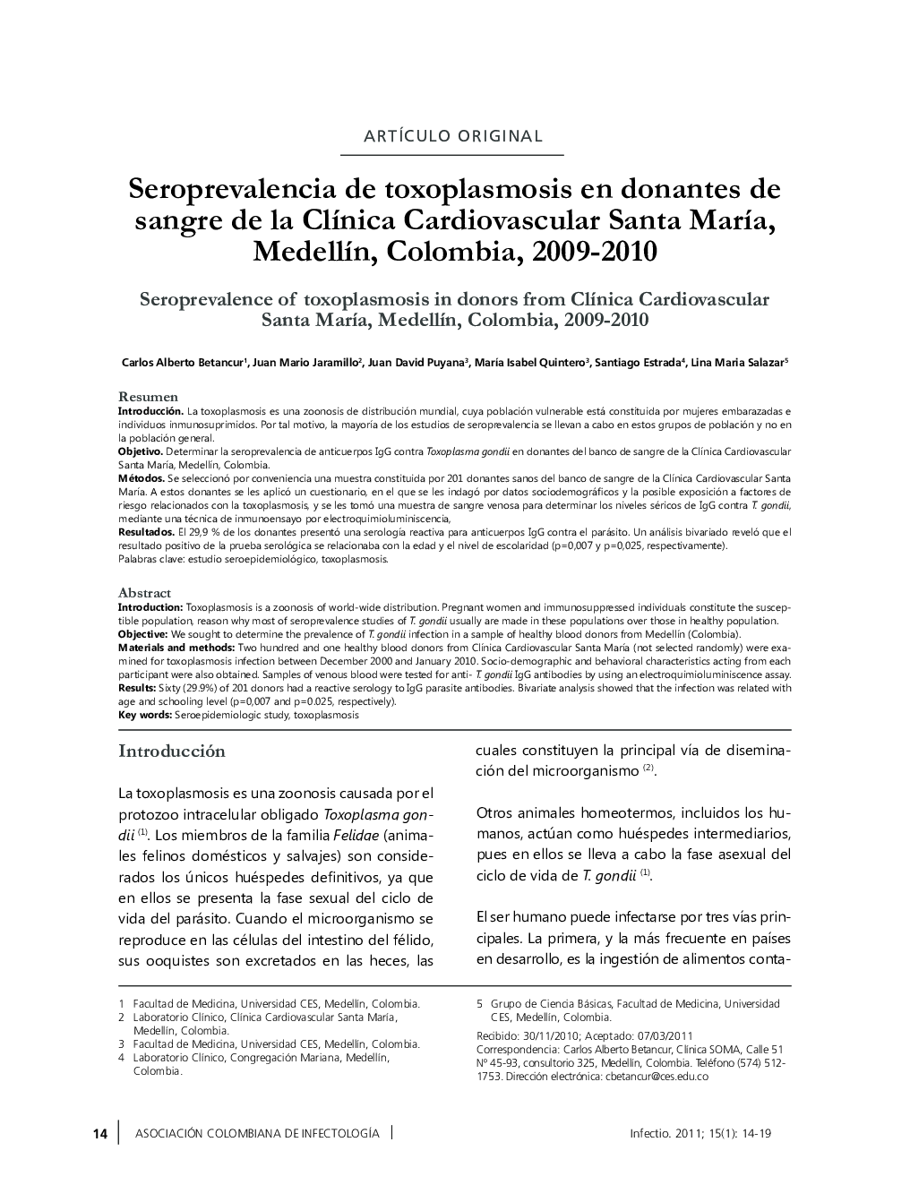 Seroprevalencia de toxoplasmosis en donantes de sangre de la Clínica Cardiovascular Santa María, Medellín, Colombia, 2009-2010