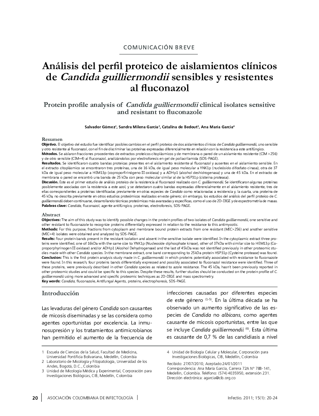 Análisis del perfil proteico de aislamientos clínicos de Candida guilliermondii sensibles y resistentes al fluconazol