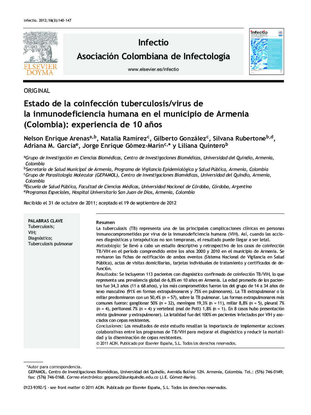 Estado de la coinfección tuberculosis/virus de la inmunodeficiencia humana en el municipio de Armenia (Colombia): experiencia de 10 años