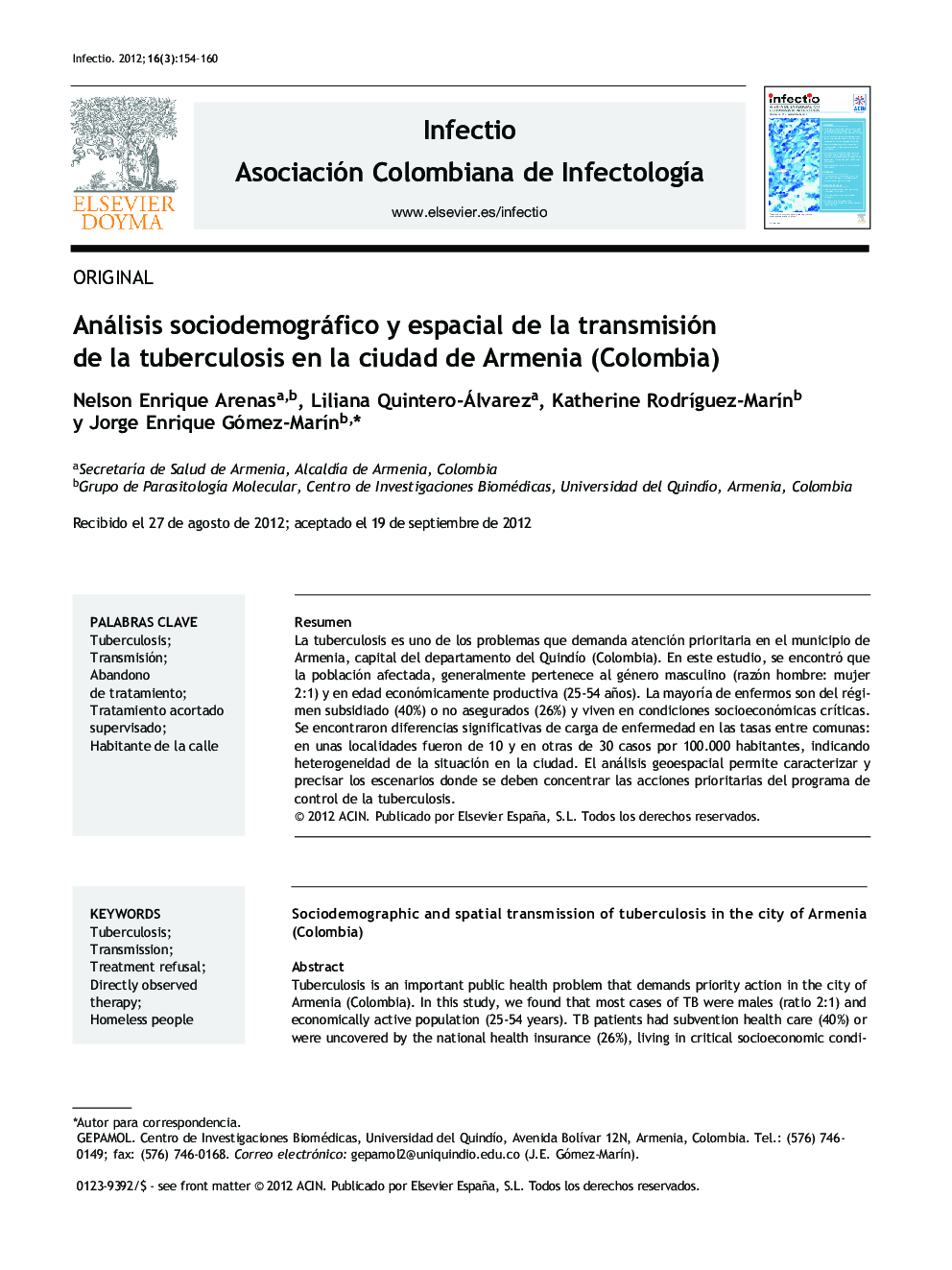 Análisis sociodemográfico y espacial de la transmisión de la tuberculosis en la ciudad de Armenia (Colombia)