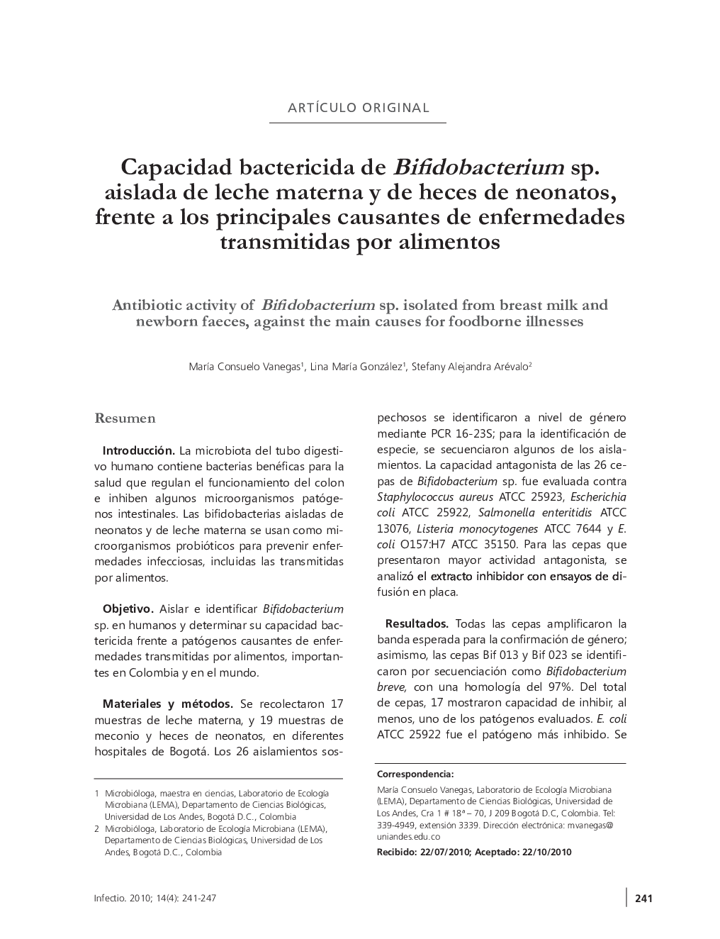 Capacidad bactericida de Bifidobacterium sp. aislada de leche materna y de heces de neonatos, frente a los principales causantes de enfermedades transmitidas por alimentos