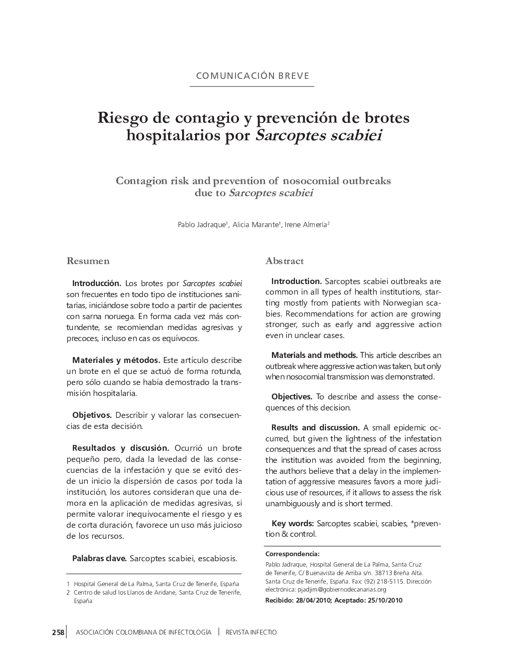 Riesgo de contagio y prevención de brotes hospitalarios por Sarcoptes scabiei