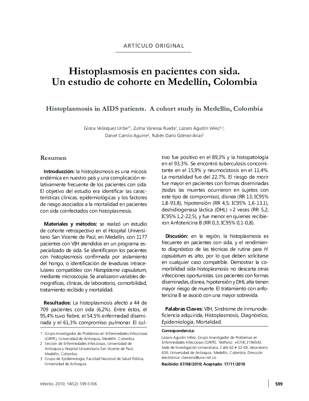 Histoplasmosis en pacientes con sida. Un estudio de cohorte en Medellín, Colombia