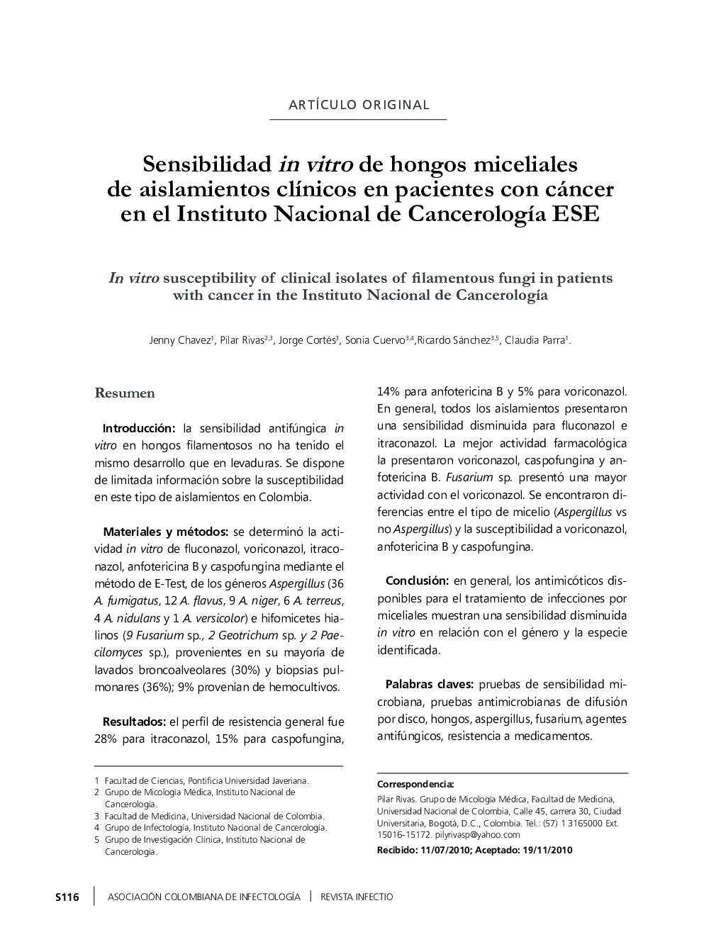 Sensibilidad in vitro de hongos miceliales de aislamientos clínicos en pacientes con cáncer en el Instituto Nacional de Cancerología ESE