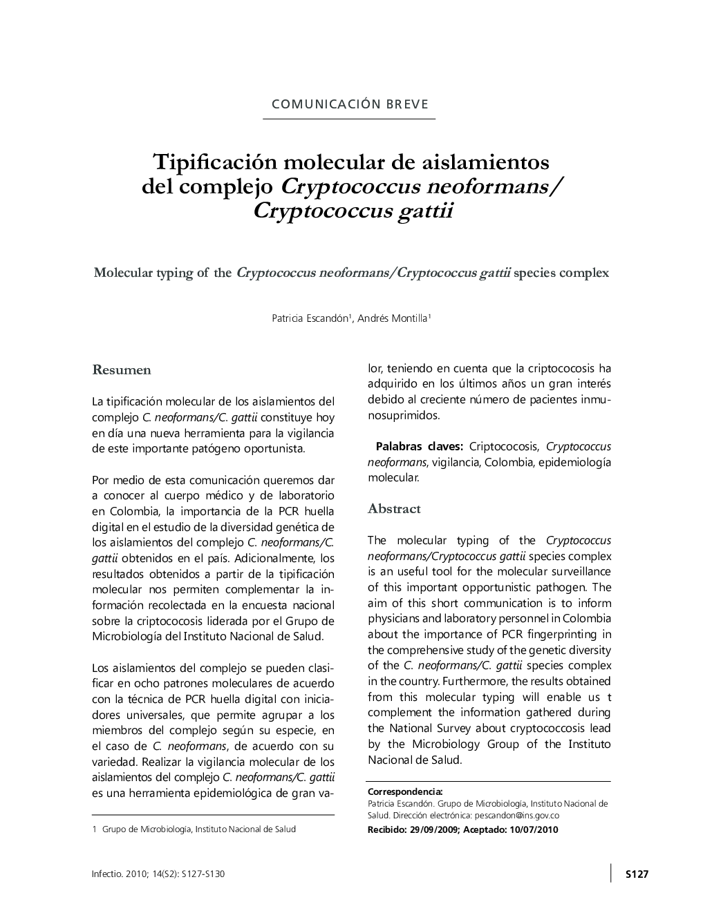 Tipificación molecular de aislamientos del complejo Cryptococcus neoformans/Cryptococcus gattii