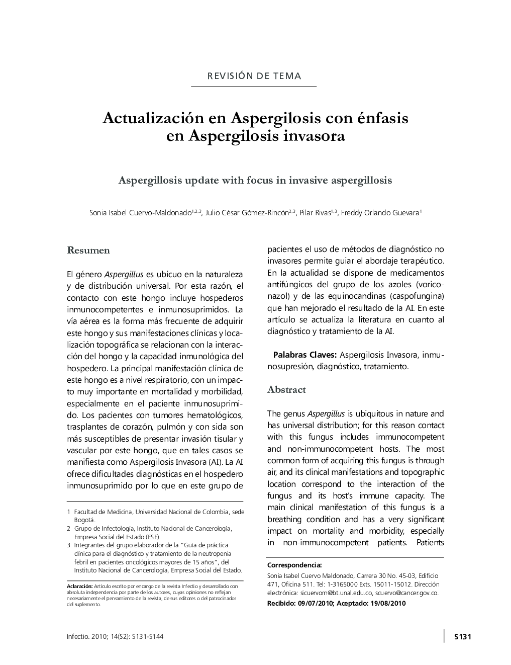 Actualización en Aspergilosis con énfasis en Aspergilosis invasora