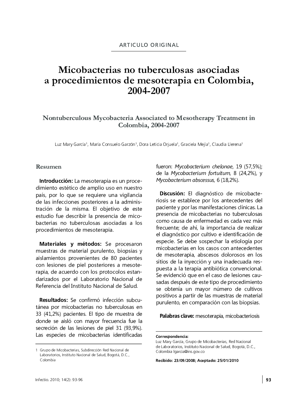 Micobacterias no tuberculosas asociadas a procedimientos de mesoterapia en Colombia, 2004-2007