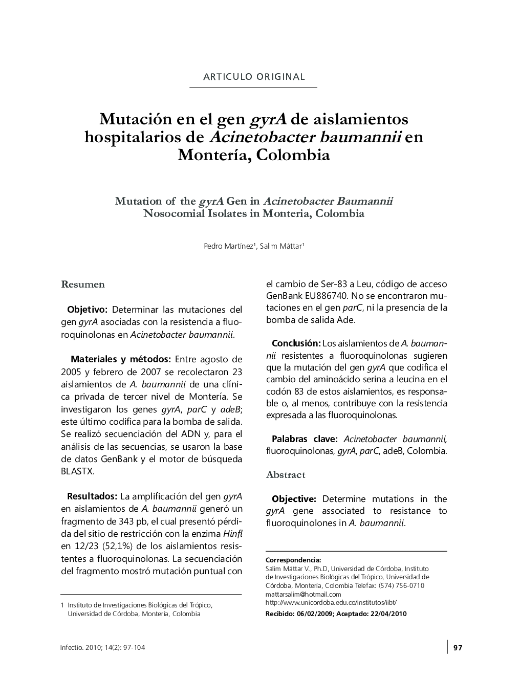 Mutación en el gen gyrA de aislamientos hospitalarios de Acinetobacter baumannii en Montería, Colombia