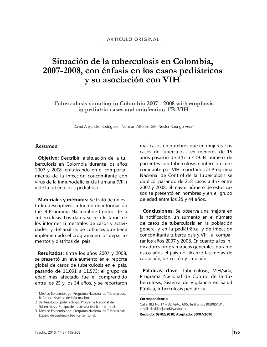 Situación de la tuberculosis en Colombia, 2007–2008, con énfasis en los casos pediátricos y su asociación con VIH