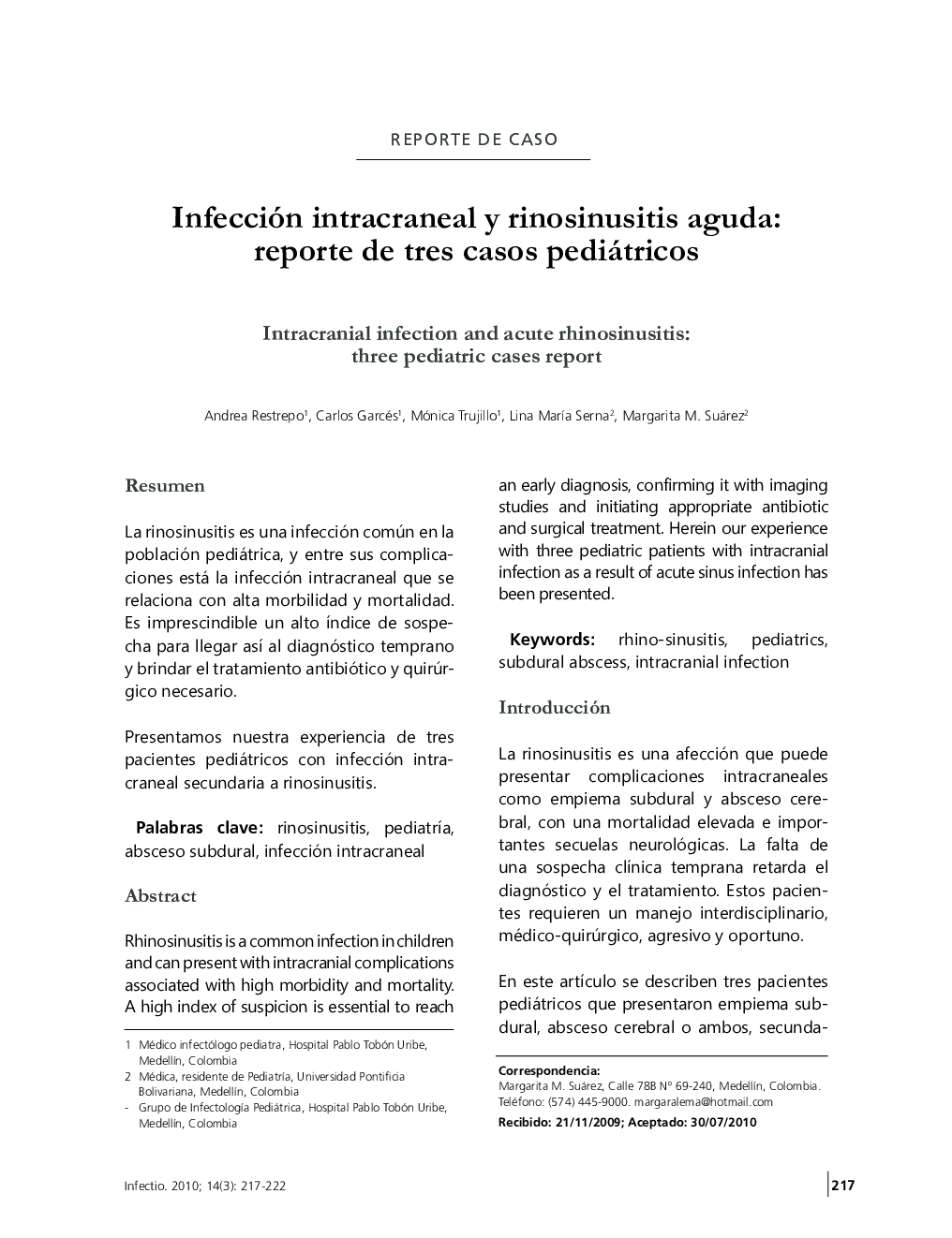 Infección intracraneal y rinosinusitis aguda: reporte de tres casos pediátricos