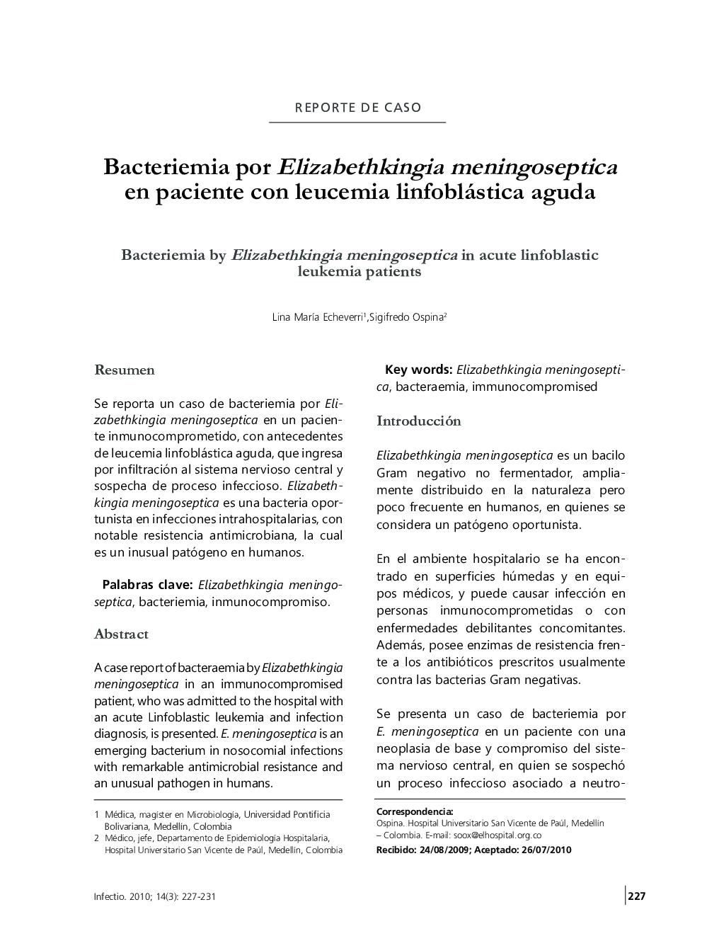 Bacteriemia por Elizabethkingia meningoseptica en paciente con leucemia linfoblástica aguda