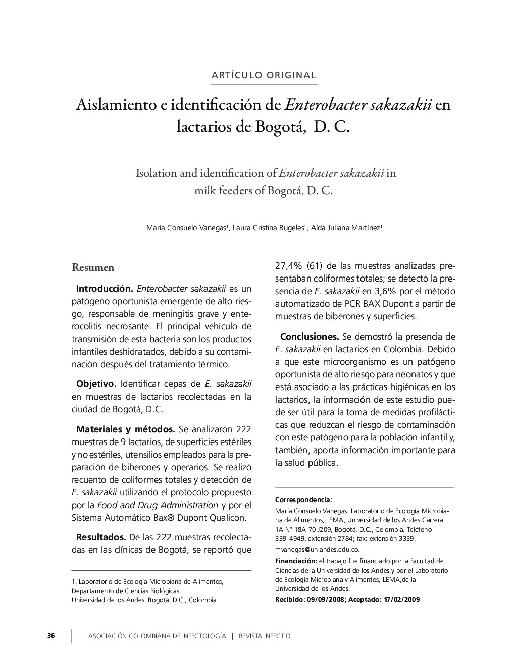 Aislamiento e identificación de Enterobacter sakazakii en lactarios de Bogotá, D.C.