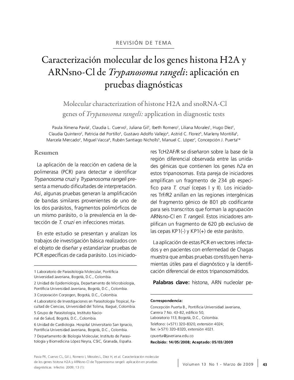 Caracterización molecular de los genes histona H2A y ARNsno-Cl de Trypanosoma rangeli:: aplicación en pruebas diagnósticas