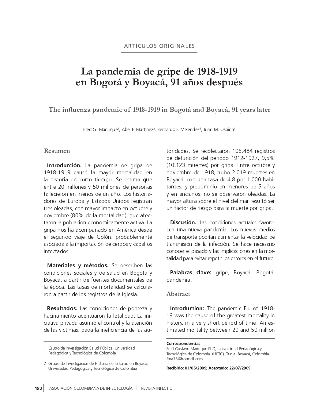 La pandemia de gripe de 1918–1919 en Bogotá y Boyacá, 91 años después