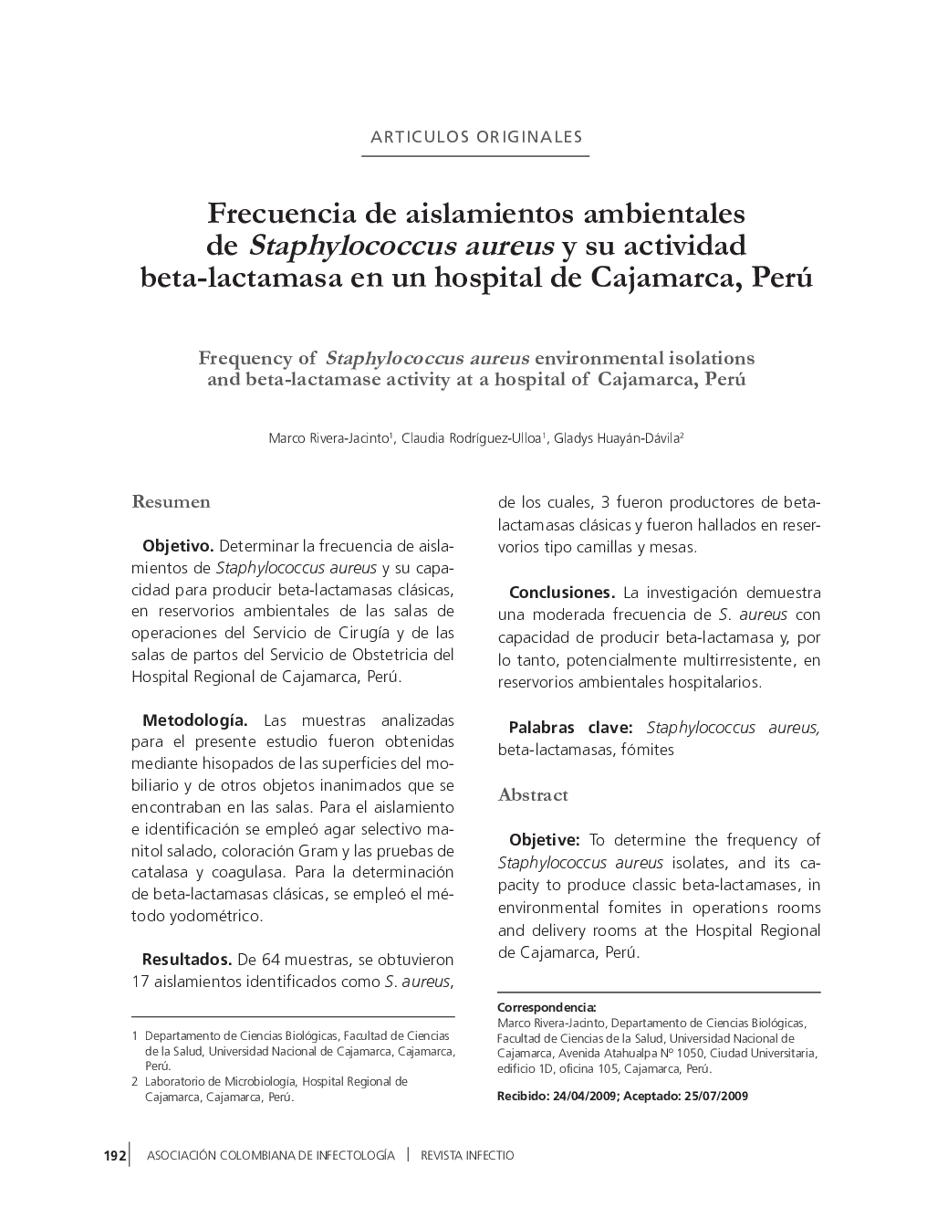 Frecuencia de aislamientos ambientales de Staphylococcus aureus y su actividad beta-lactamasa en un hospital de Cajamarca, Perú