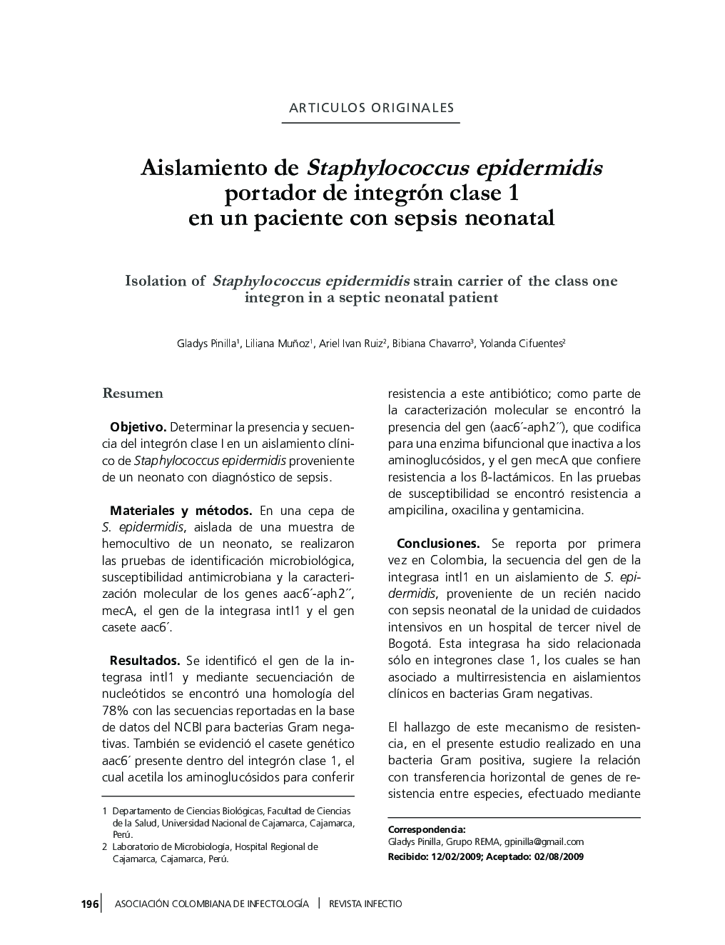 Aislamiento de Staphylococcus epidermidis portador de integrón clase 1 en un paciente con sepsis neonatal