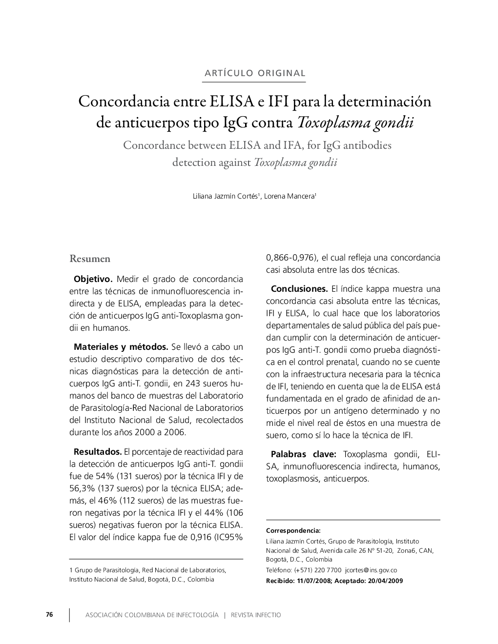 Concordancia entre ELISA e IFI para la determinación de anticuerpos tipo IgG contra Toxoplasma gondii