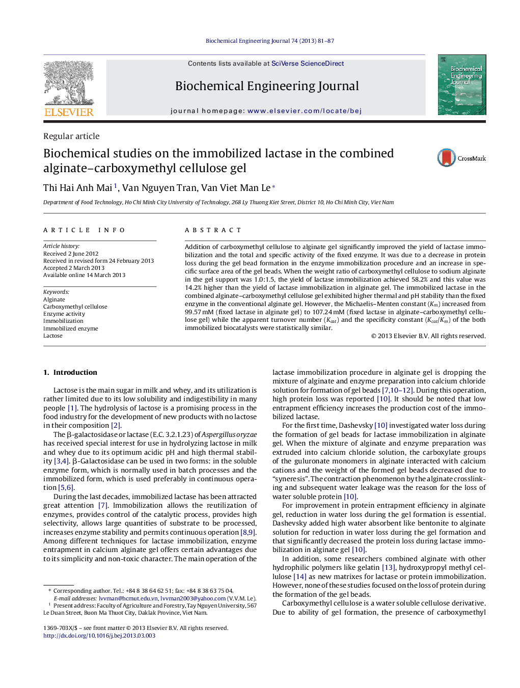 Biochemical studies on the immobilized lactase in the combined alginate–carboxymethyl cellulose gel