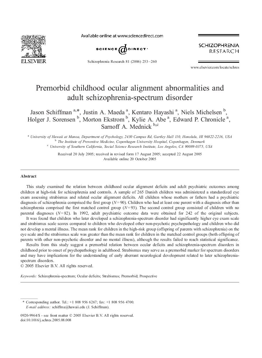 Premorbid childhood ocular alignment abnormalities and adult schizophrenia-spectrum disorder