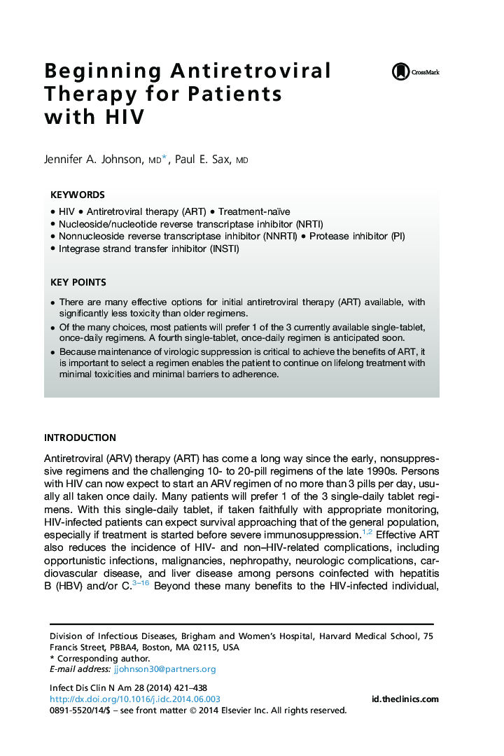 Beginning Antiretroviral Therapy for Patients with HIV