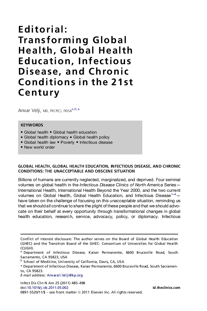 Editorial: Transforming Global Health, Global Health Education, Infectious Disease, and Chronic Conditions in the 21st Century