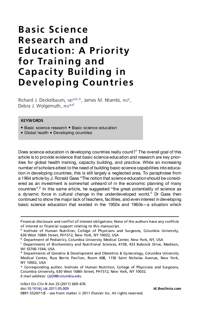 Basic Science Research and Education: A Priority for Training and Capacity Building in Developing Countries