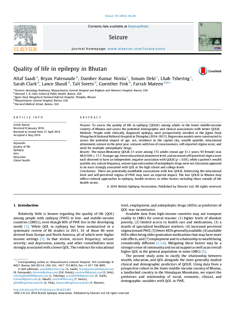 Quality of life in epilepsy in Bhutan