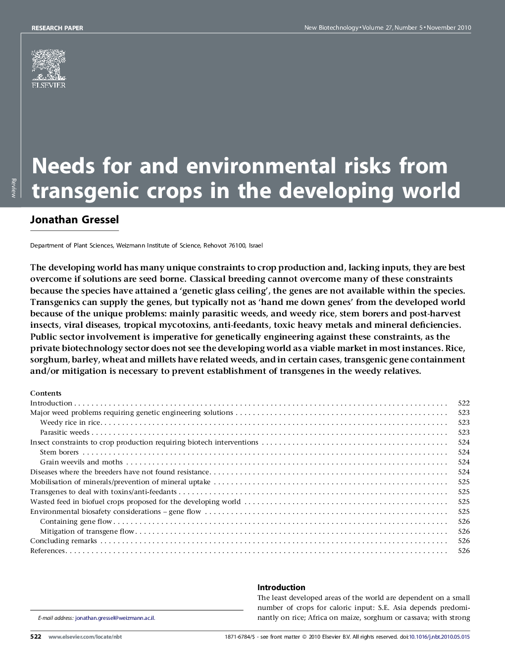 Needs for and environmental risks from transgenic crops in the developing world