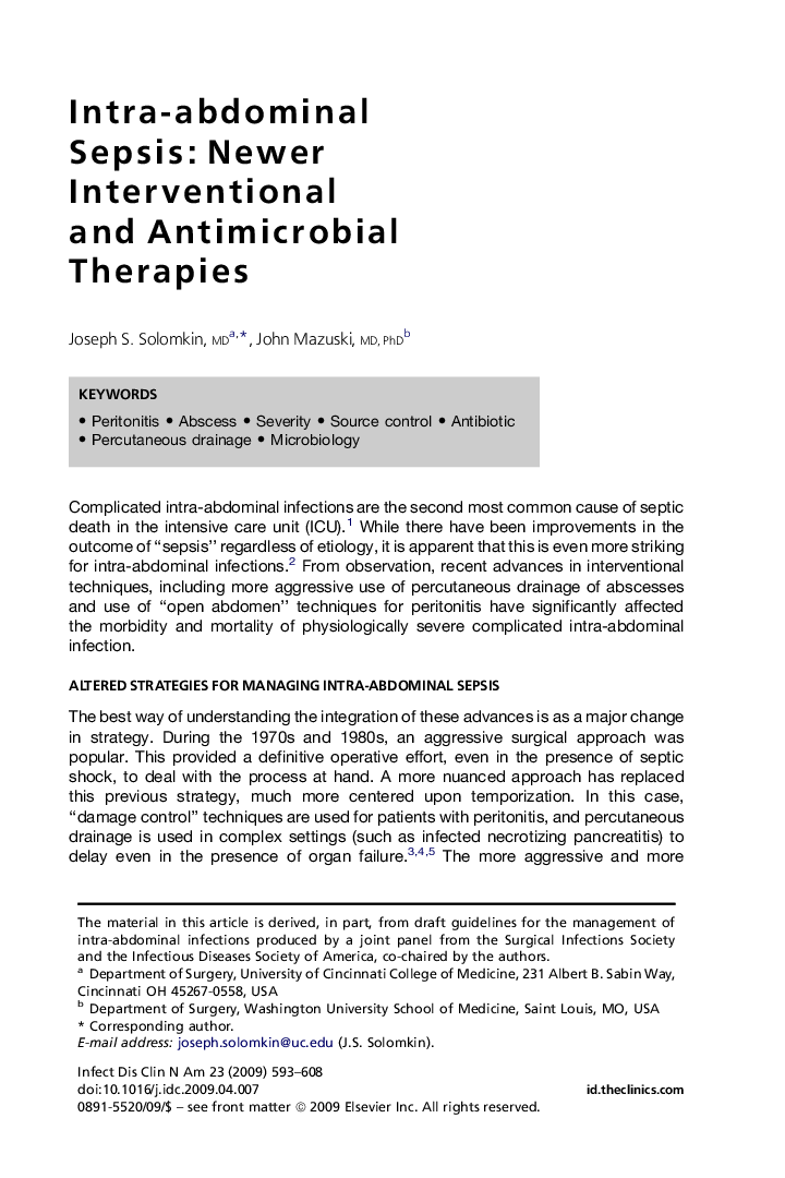 Intra-abdominal Sepsis: Newer Interventional and Antimicrobial Therapies 