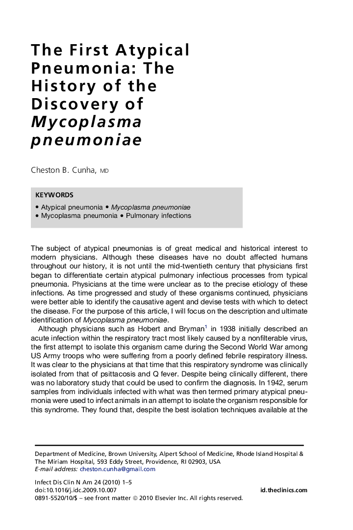 The First Atypical Pneumonia: The History of the Discovery of Mycoplasma pneumoniae